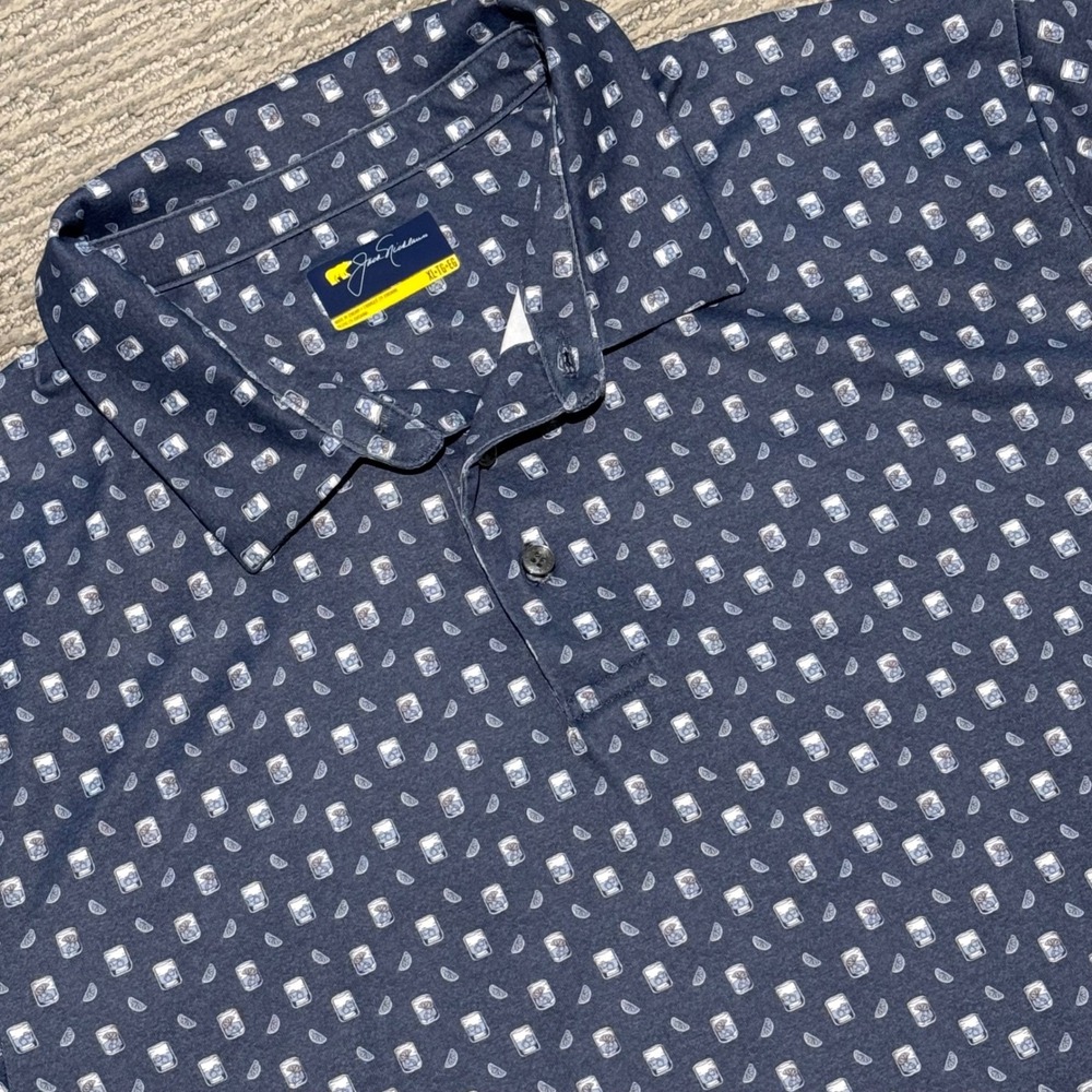 Jack Nicklaus Mens XL Golf Polo Shirt Navy Blue Cocktail Drink Print Golden Bear